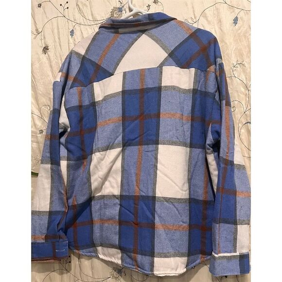 Pasport Women's XL Plaid Flannel Shacket Jacket Blue Brown Sherpa Lined - Picture 3 of 4